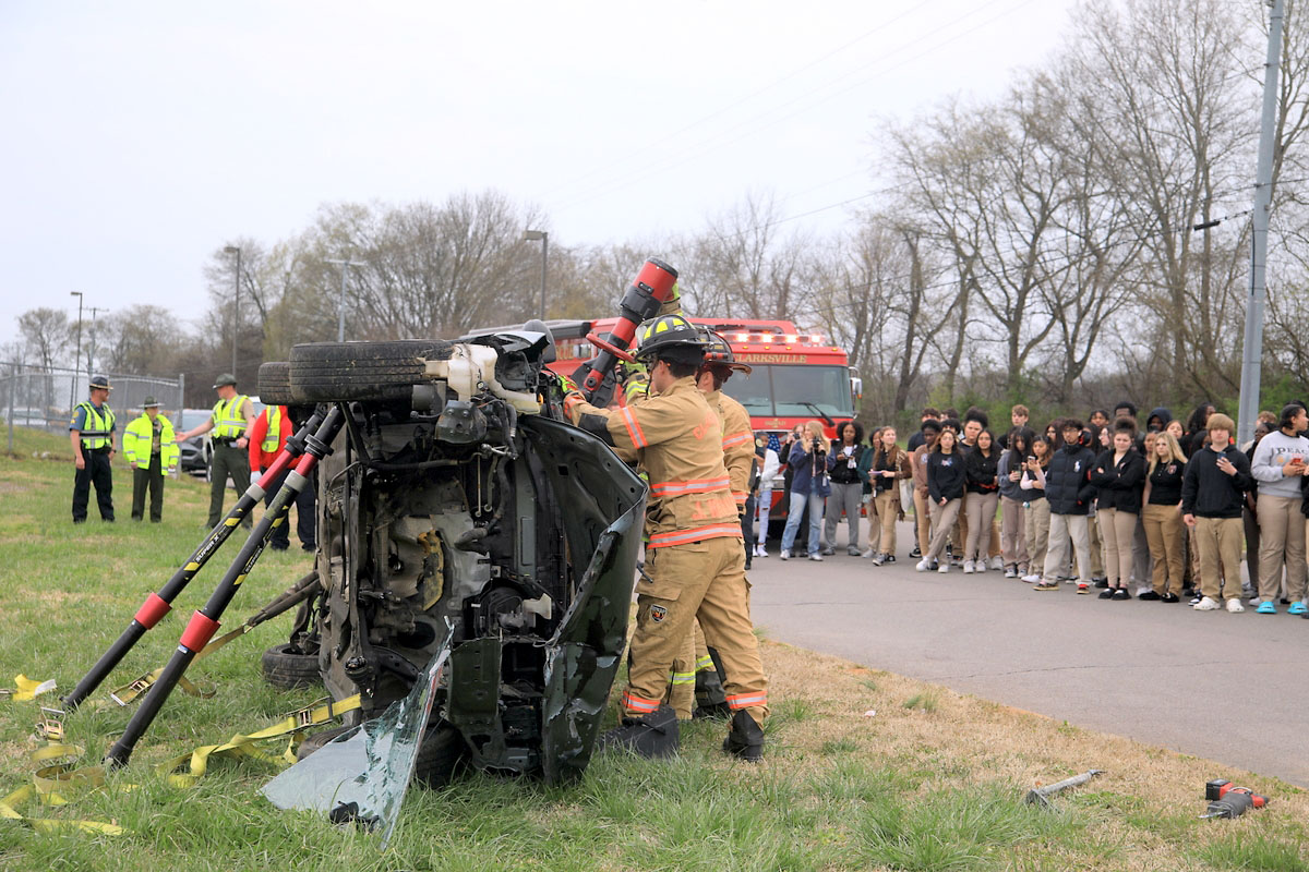 West Creek High School Criminal Justice Academy students are treated to mock crash demonstration by local first responders. (Tony Centonze, Clarksville Living Magazine) West Creek High School Criminal Justice Academy students are treated to mock crash demonstration by local first responders. (Tony Centonze, Clarksville Living Magazine)