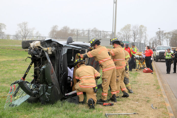 West Creek High School Criminal Justice Academy students are treated to mock crash demonstration by local first responders. (Tony Centonze, Clarksville Living Magazine)