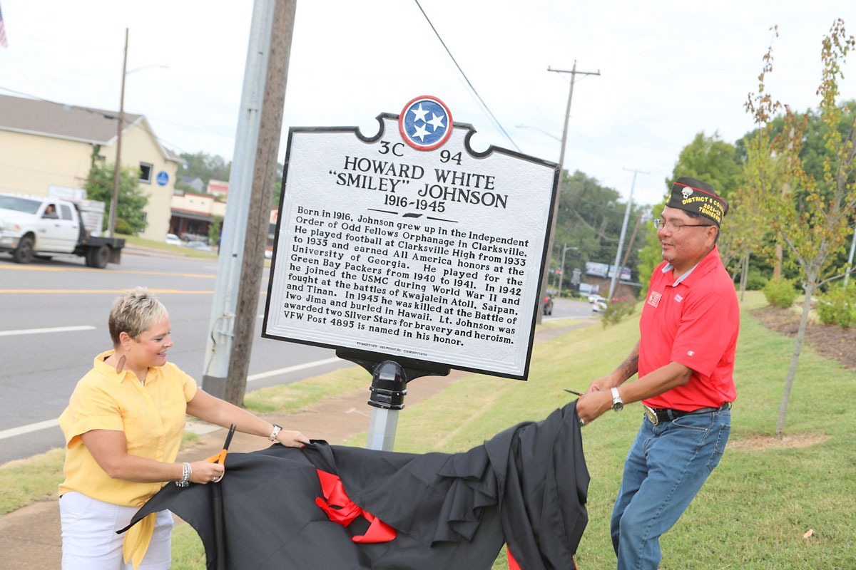 Erin Hedrick and Van Canuto unveil a Tennessee Historical Marker honoring Howard Smiley Johnson Erin Hedrick and Van Canuto unveil a Tennessee Historical Marker honoring Howard Smiley Johnson