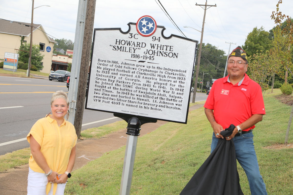 Erin Hedrick and Van Canuto unveil a Tennessee Historical Marker honoring Howard Smiley Johnson Erin Hedrick and Van Canuto unveil a Tennessee Historical Marker honoring Howard Smiley Johnson