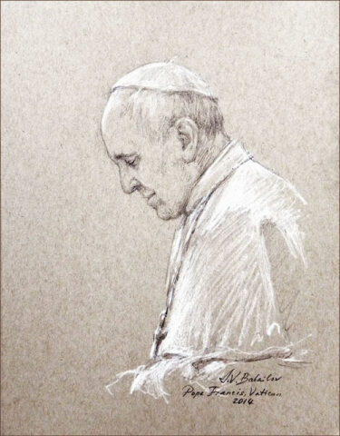 Pope Francis in Prayer portrait sketch by Igor Babailov, Vatican. (Courtesy of Babailov)